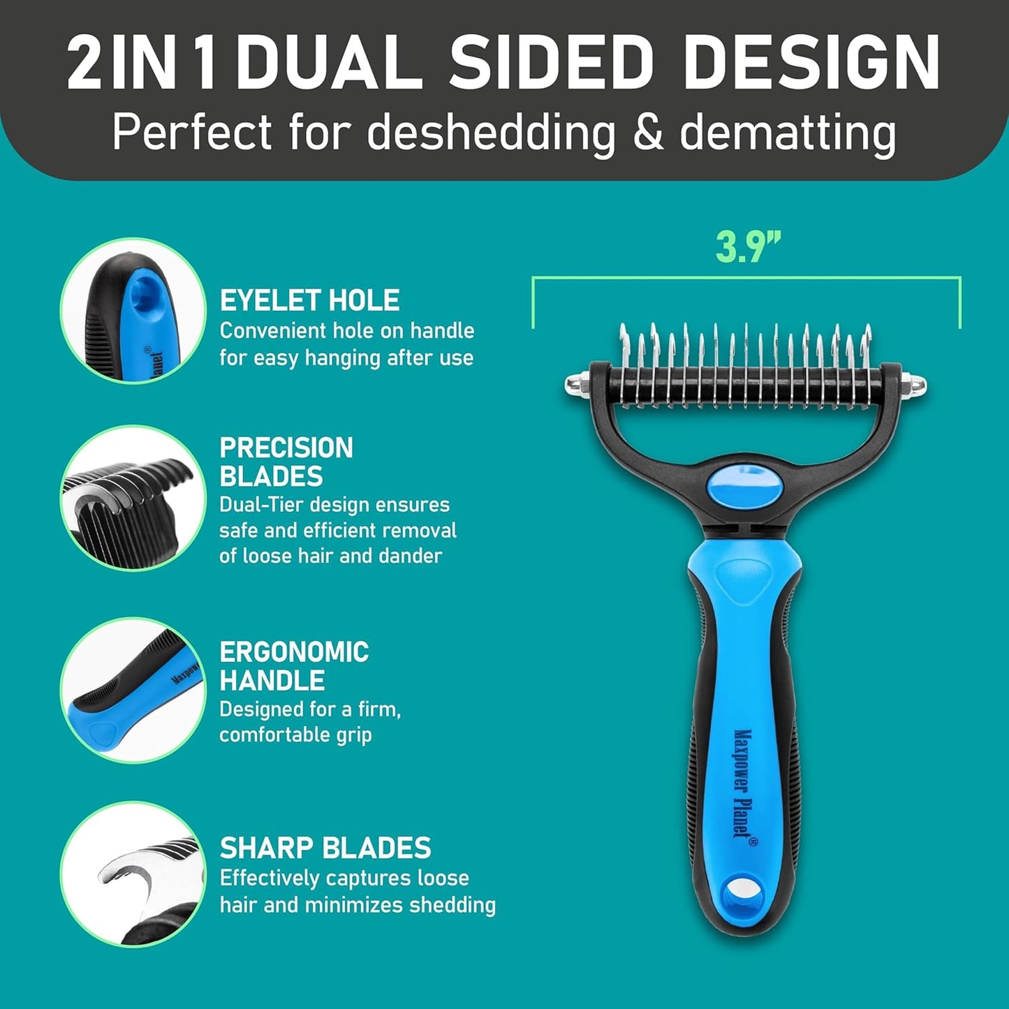 Pet Grooming Rake and Dematting Comb for Dogs - Dog Grooming Supplies, Undercoat Rake for Dogs, Cats - Extra-Wide Deshedding Dog Brush, Deshedder Comb for Long Hair - Reduce Shedding